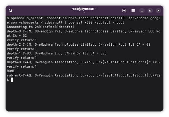 a terminal showing the output of openssl s_client. it shows the server presenting a certificate with the common name that is the client IP address, all signed by an eMudhra CA.